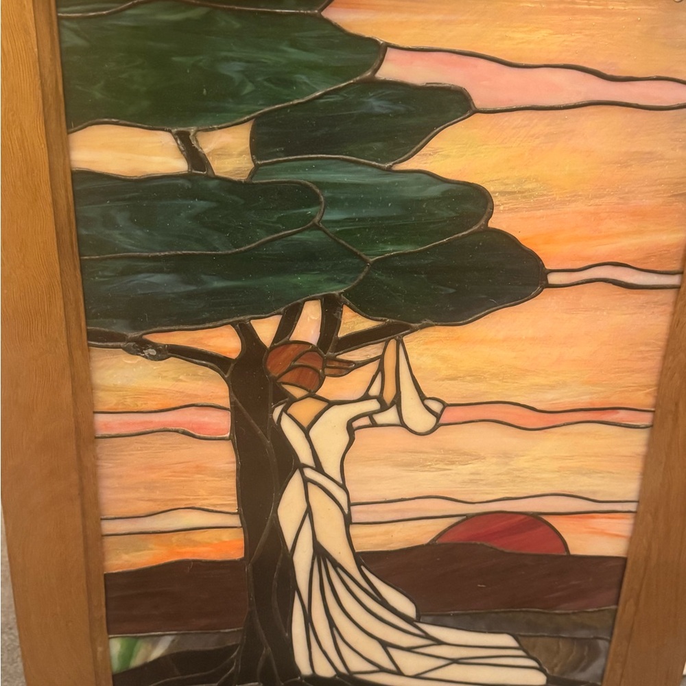 Artistic Glass Panel with Tree and Sunset